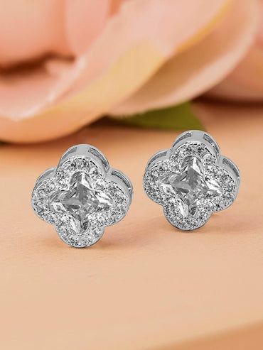 Rubans Rhodium-Plated Cubic Zirconia Studded Clover-Shaped Stud Earrings Earrings