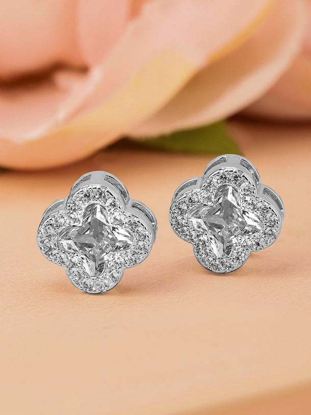 Rubans Rhodium-Plated Cubic Zirconia Studded Clover-Shaped Stud Earrings Earrings