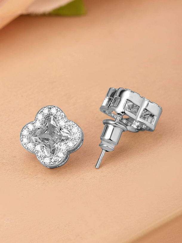 Rubans Rhodium-Plated Cubic Zirconia Studded Clover-Shaped Stud Earrings Earrings