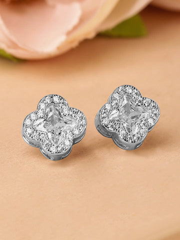 Rubans Rhodium-Plated Cubic Zirconia Studded Clover-Shaped Stud Earrings Earrings