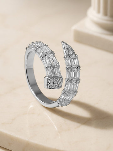 Rubans Rhodium-Plated Cubic Zirconia Studded Demi-Fine Serpent-Inspired Openable Ring Finger Ring