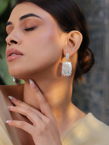 Rubans Rhodium Plated Cubic Zirconia Studded Drop Earrings Earrings