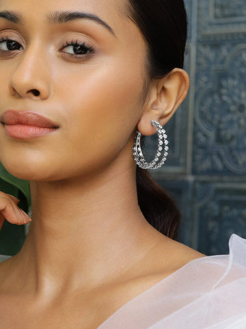 Rubans Rhodium-Plated Cubic Zirconia Studded Elegant Double Row Hoop Earrings Earrings