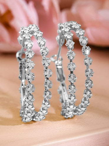 Rubans Rhodium-Plated Cubic Zirconia Studded Elegant Double Row Hoop Earrings Earrings