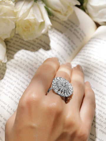 Rubans Rhodium Plated Cubic Zirconia Studded Finger Ring Finger Rings