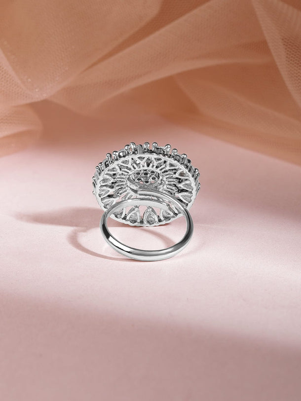 Rubans Rhodium Plated Cubic Zirconia Studded Finger Ring Rings