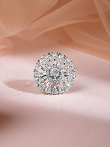 Rubans Rhodium Plated Cubic Zirconia Studded Finger Ring Rings
