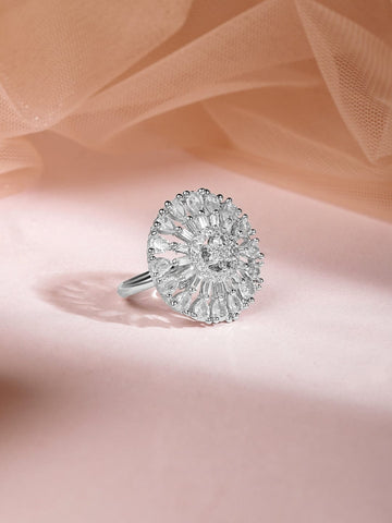 Rubans Rhodium Plated Cubic Zirconia Studded Finger Ring Rings