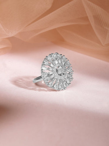 Rubans Rhodium Plated Cubic Zirconia Studded Finger Ring Rings