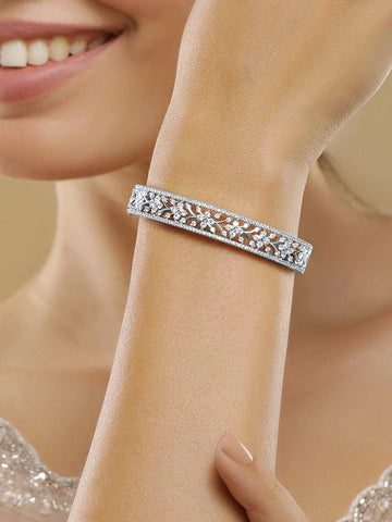 Rubans Rhodium Plated Cubic Zirconia Studded Floral Bangle Style Bracelet Bracelet