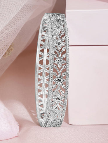 Rubans Rhodium Plated Cubic Zirconia Studded Floral Bangle Style Bracelet Bracelet