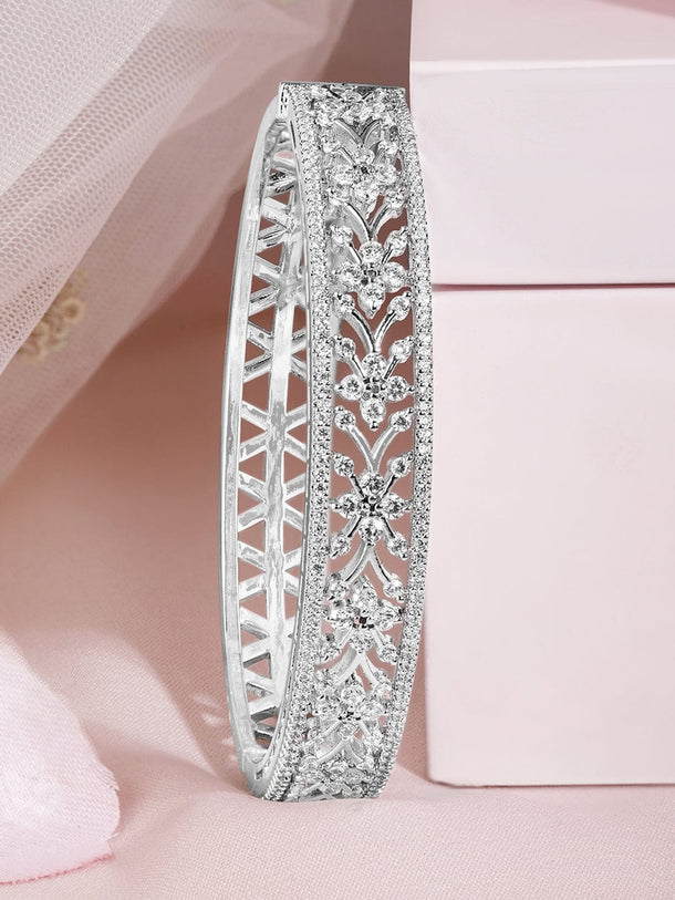 Rubans Rhodium Plated Cubic Zirconia Studded Floral Bangle Style Bracelet Bracelet