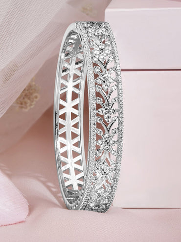 Rubans Rhodium Plated Cubic Zirconia Studded Floral Bangle Style Bracelet Bracelet