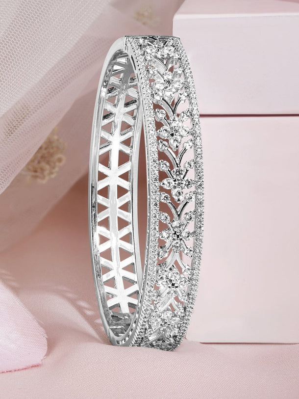 Rubans Rhodium Plated Cubic Zirconia Studded Floral Bangle Style Bracelet Bracelet