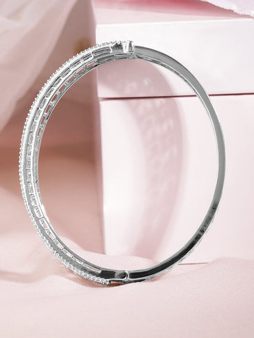 Rubans Rhodium Plated Cubic Zirconia Studded Floral Bangle Style Bracelet Bracelet