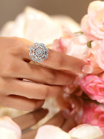 Rubans Rhodium-Plated Cubic Zirconia Studded Floral Design Adjustable Finger Ring Finger Rings