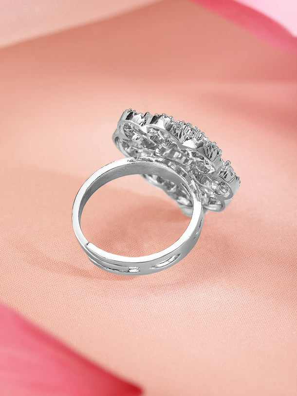 Rubans Rhodium-Plated Cubic Zirconia Studded Floral Design Adjustable Finger Ring Rings