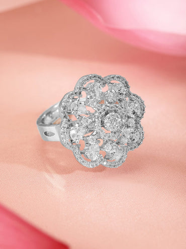Rubans Rhodium-Plated Cubic Zirconia Studded Floral Design Adjustable Finger Ring Rings