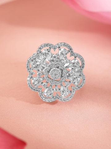Rubans Rhodium-Plated Cubic Zirconia Studded Floral Design Adjustable Finger Ring Rings