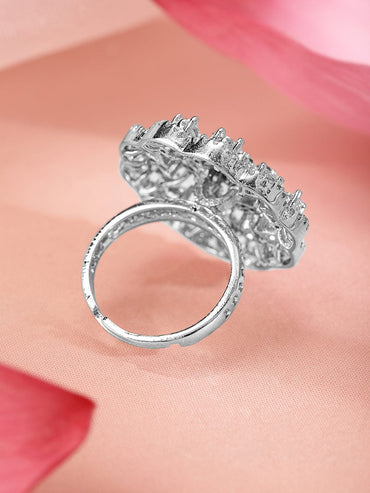 Rubans Rhodium-Plated Cubic Zirconia Studded Floral Design Adjustable Finger Ring Rings