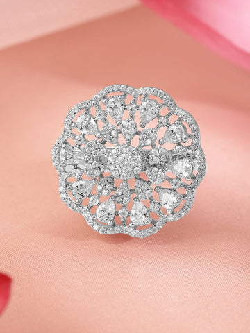 Rubans Rhodium-Plated Cubic Zirconia Studded Floral Design Adjustable Finger Ring Rings