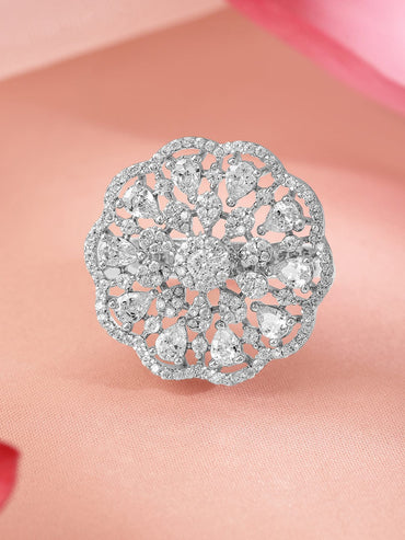Rubans Rhodium-Plated Cubic Zirconia Studded Floral Design Adjustable Finger Ring Rings