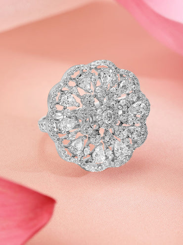 Rubans Rhodium-Plated Cubic Zirconia Studded Floral Design Adjustable Finger Ring Rings