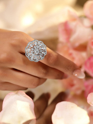 Rubans Rhodium-Plated Cubic Zirconia Studded Floral Design Adjustable Finger Ring Rings