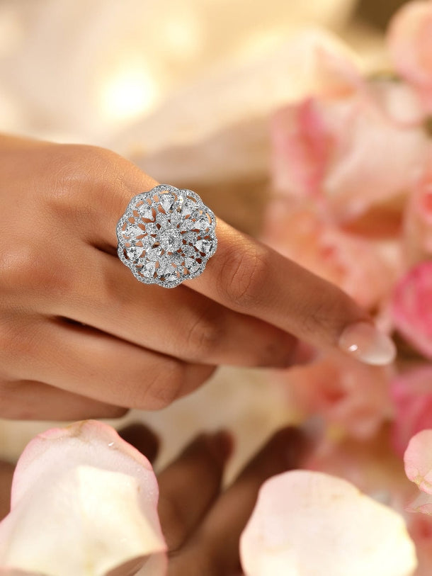 Rubans Rhodium-Plated Cubic Zirconia Studded Floral Design Adjustable Finger Ring Rings