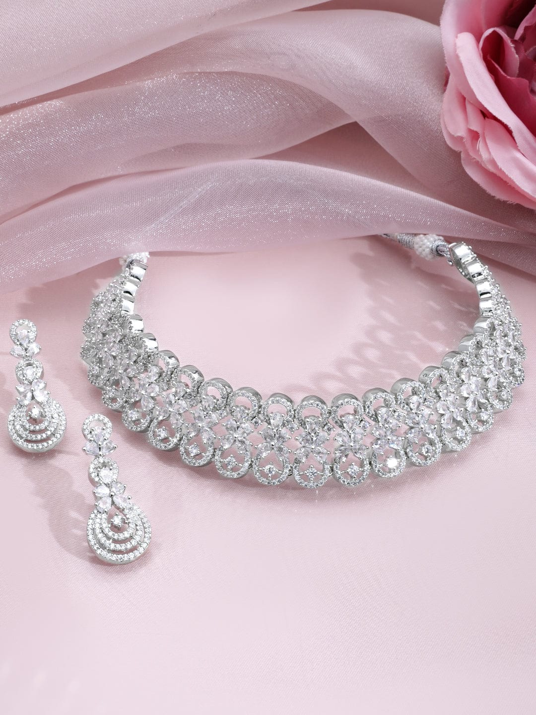 Rubans Rhodium-Plated Cubic Zirconia Studded Floral Design Choker Necklace Set Necklace Set