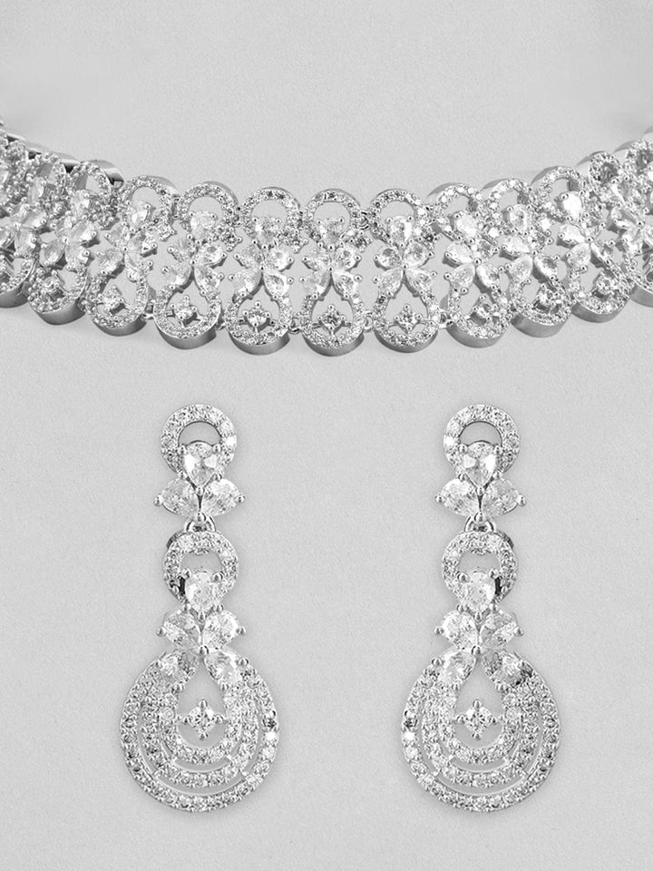 Rubans Rhodium-Plated Cubic Zirconia Studded Floral Design Choker Necklace Set Necklace Set