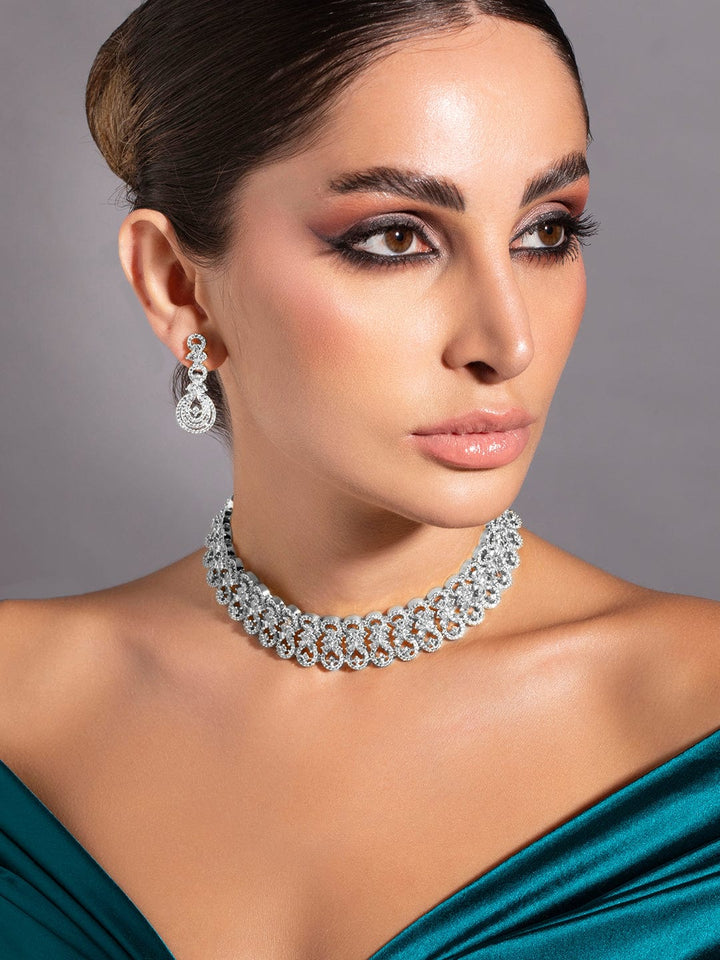 Rubans Rhodium-Plated Cubic Zirconia Studded Floral Design Choker Necklace Set Necklace Set