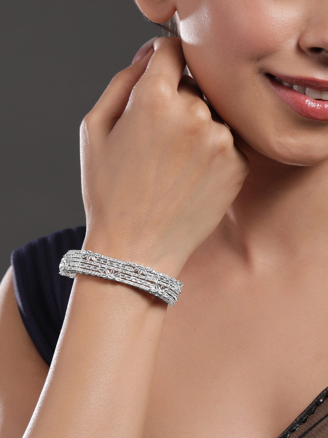 Rubans Rhodium Plated Cubic Zirconia Studded Floral Design Openable Bracelet Wristwear