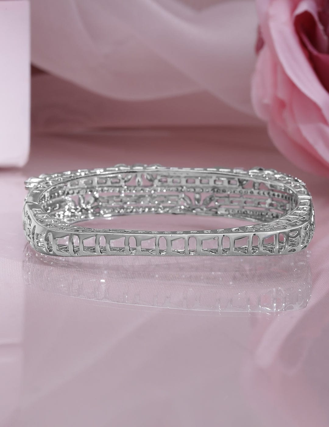 Rubans Rhodium Plated Cubic Zirconia Studded Floral Design Openable Bracelet Wristwear
