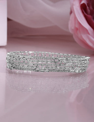 Rubans Rhodium Plated Cubic Zirconia Studded Floral Design Openable Bracelet Wristwear
