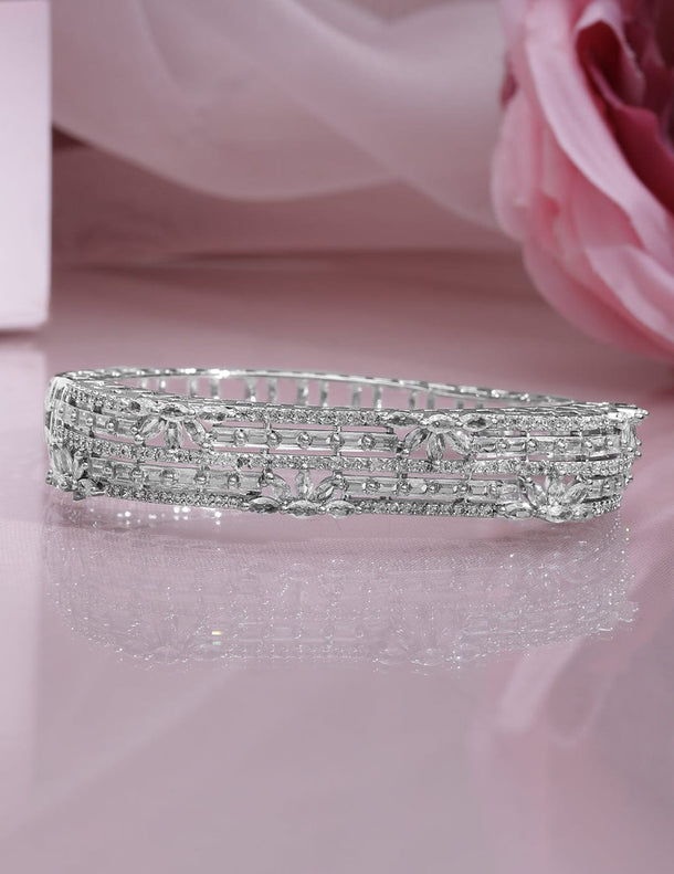 Rubans Rhodium Plated Cubic Zirconia Studded Floral Design Openable Bracelet Wristwear