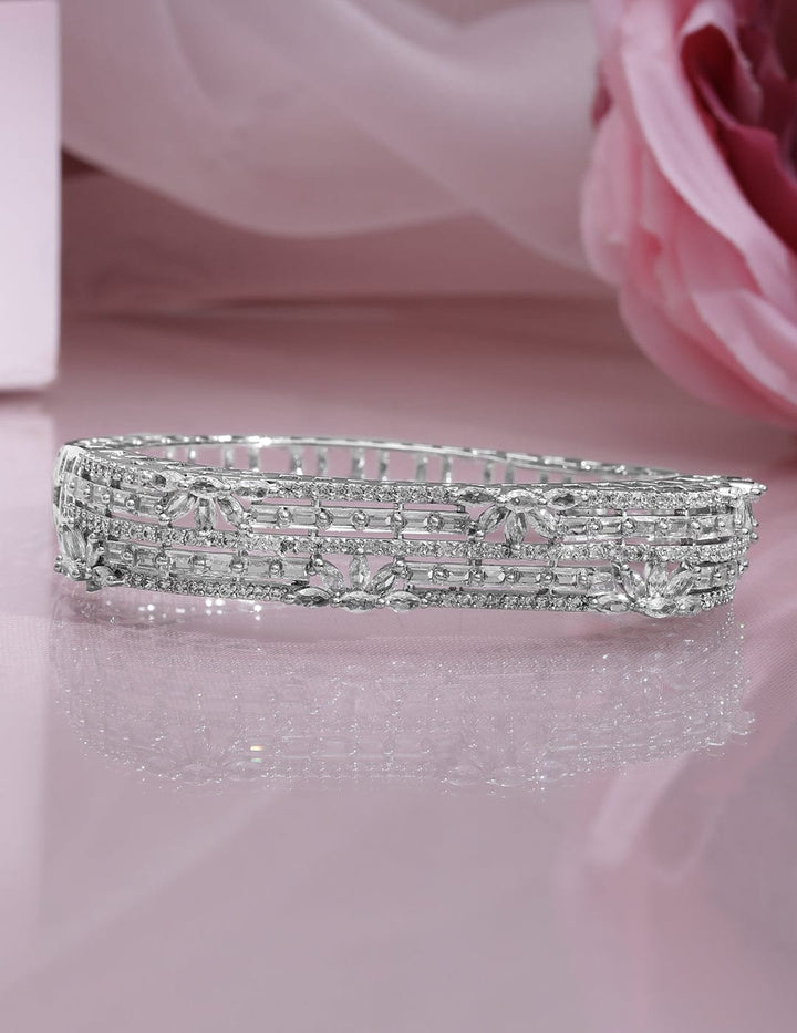 Rubans Rhodium Plated Cubic Zirconia Studded Floral Design Openable Bracelet Wristwear