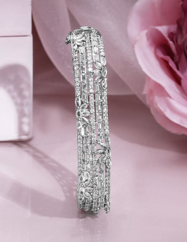 Rubans Rhodium Plated Cubic Zirconia Studded Floral Design Openable Bracelet Wristwear