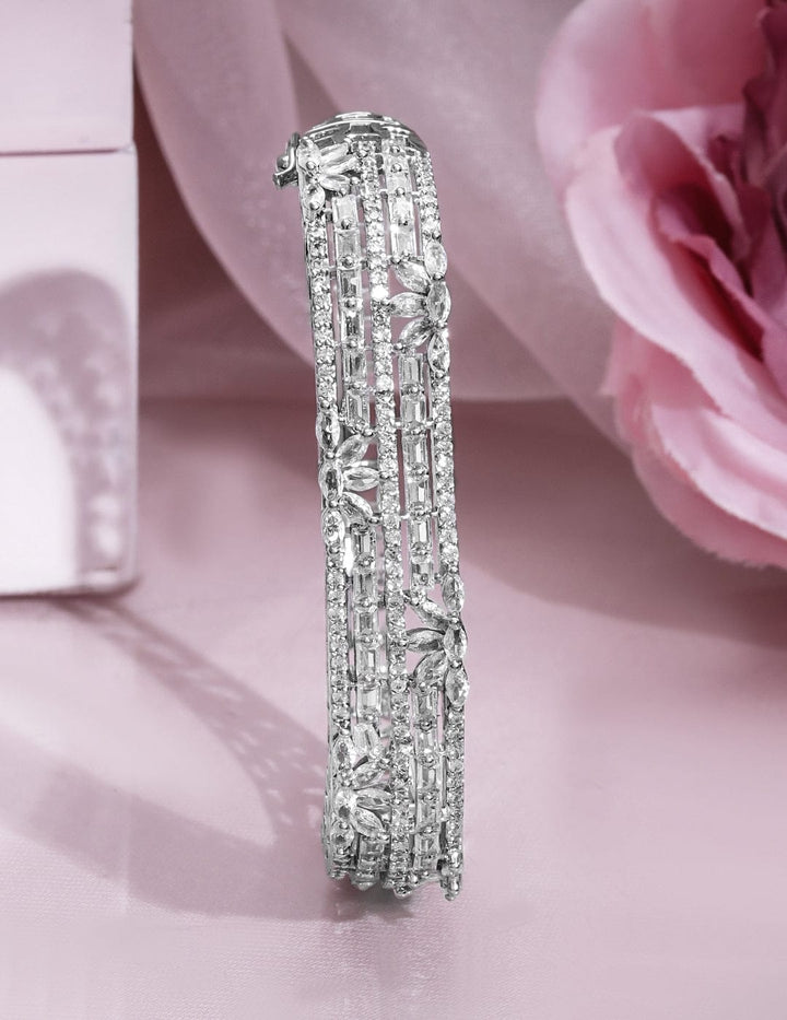 Rubans Rhodium Plated Cubic Zirconia Studded Floral Design Openable Bracelet Wristwear