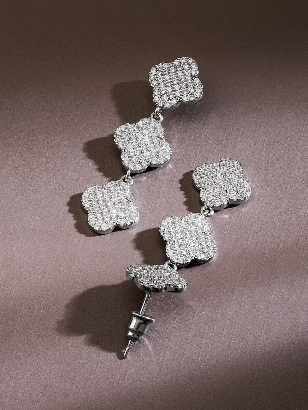 Rubans Rhodium-Plated Cubic Zirconia Studded Floral Drop Earrings Earrings