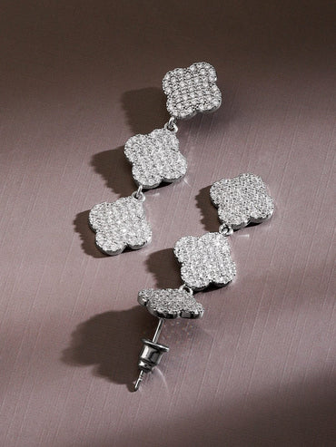 Rubans Rhodium-Plated Cubic Zirconia Studded Floral Drop Earrings Earrings