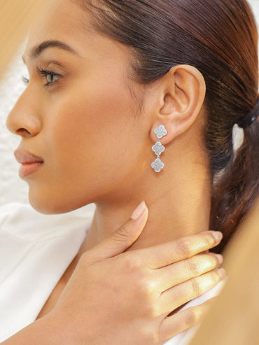 Rubans Rhodium-Plated Cubic Zirconia Studded Floral Drop Earrings Earrings
