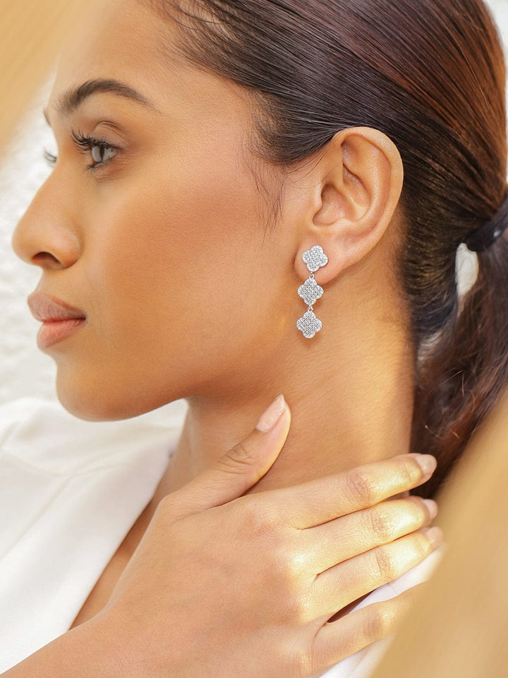 Rubans Rhodium-Plated Cubic Zirconia Studded Floral Drop Earrings Earrings