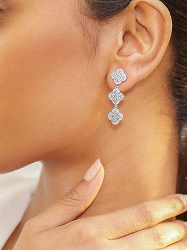 Rubans Rhodium-Plated Cubic Zirconia Studded Floral Drop Earrings Earrings