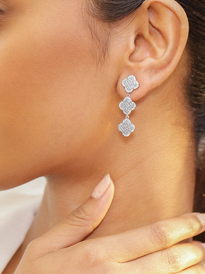 Rubans Rhodium-Plated Cubic Zirconia Studded Floral Drop Earrings Earrings