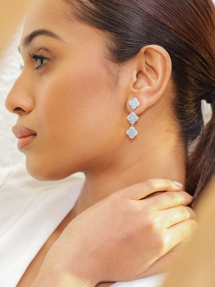 Rubans Rhodium-Plated Cubic Zirconia Studded Floral Drop Earrings Earrings