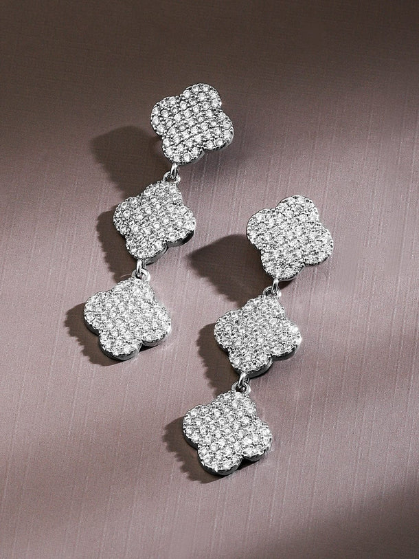 Rubans Rhodium-Plated Cubic Zirconia Studded Floral Drop Earrings Earrings