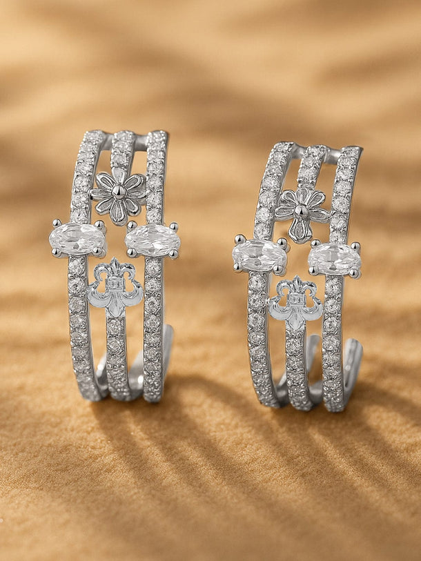 Rubans Rhodium Plated Cubic Zirconia Studded Floral Huggie Hoop Earrings Hoop Earrings