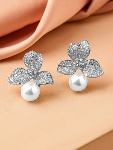 Rubans Rhodium Plated Cubic Zirconia Studded Floral Pearl Drop Earrings Earrings