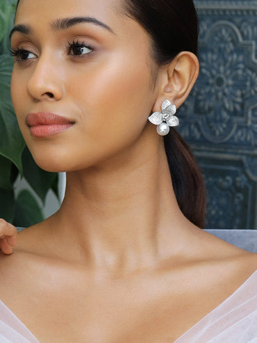 Rubans Rhodium Plated Cubic Zirconia Studded Floral Pearl Drop Earrings Earrings